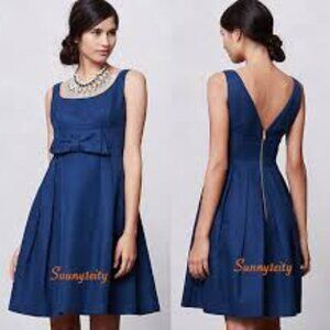 Mirror of Venus Blue Textured Fit & Flare Silk Blend Dress w Waist Bow Size 8 M